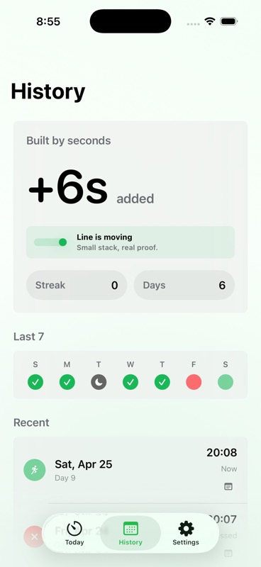 History screen with recent running sessions