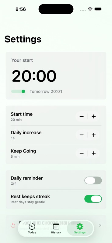 Settings screen with start time and daily increase controls